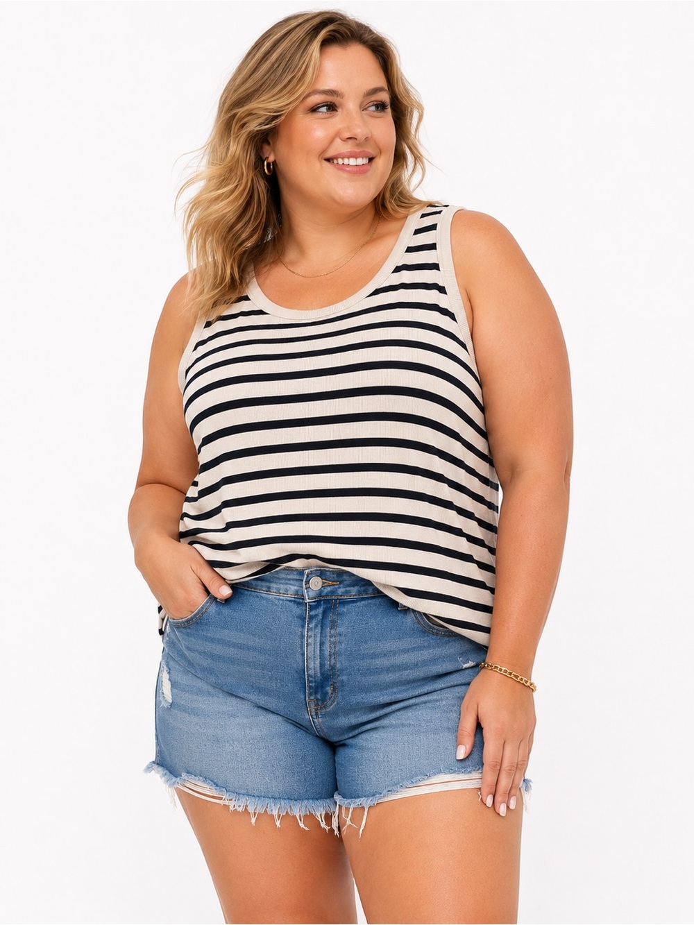 3X Striped Black & White Sleeveless Tank Top